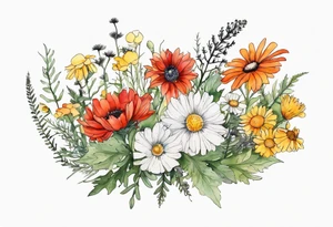 sideways oval of wildflowers cascading with thistles, ferns, white anemones, sun flowers, red flowers, black flowers, buttercups, orange flowers, babys breath and daisies all in watercolor tattoo idea
