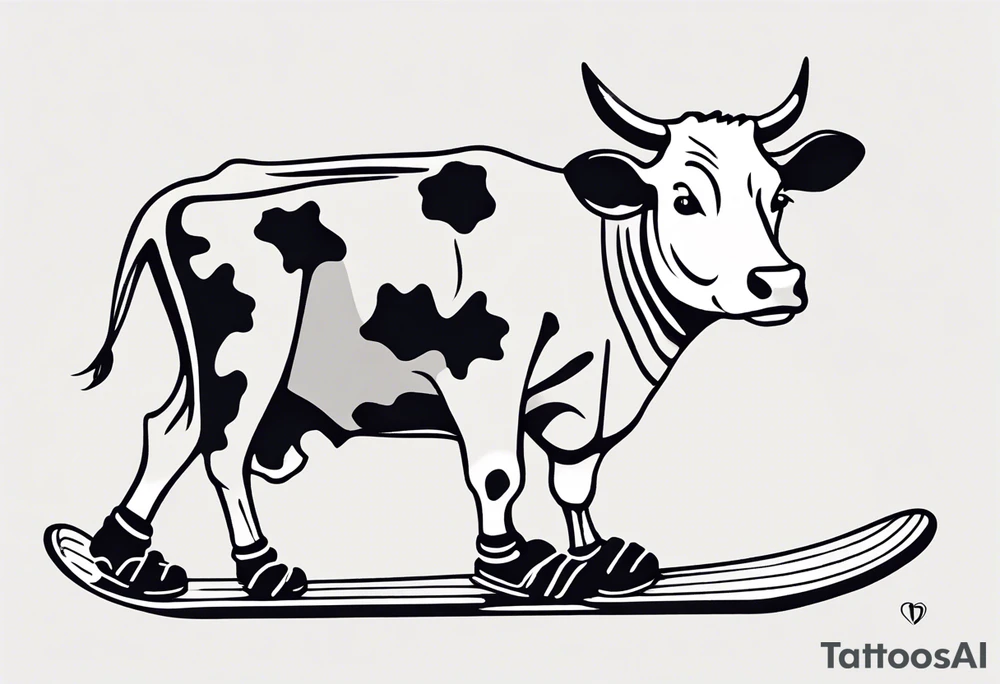 Create a minimalist and dynamic black and white tattoo design featuring a cheerful cow engaged in a snowboarding activity, wearing goggles. Emphasize clean lines and essential details to capture the playful spirit of the scene. The cow should be depicted confidently snowboarding down a snowy slope, with a sense of balance and joy, and wearing stylish goggles. Pay attention to the composition, ensuring that the tattoo design is suitable for a small to medium-sized space. The goal is to convey a lighthearted and whimsical vibe with the addition of the goggles, making the design visually appealing and suitable for tattooing. tattoo idea