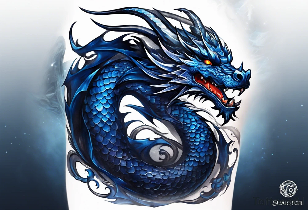 An epic floating dragon. Its long body coiling dynamically, with scales and horns detailed to create a sense of movement and strength. The dragon's main color is midnight blue, giving a vibrant depth and a mystical aura. This tattoo highlights the dragon’s fierce expression and sharp claws. tattoo idea