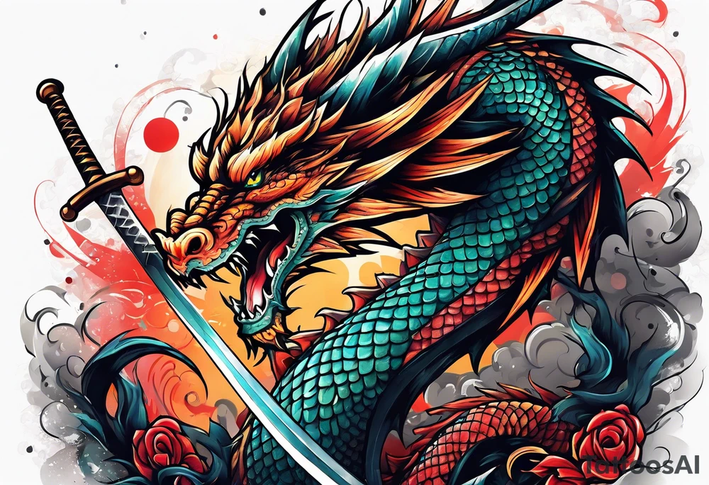 dragon around a katana sword tattoo idea