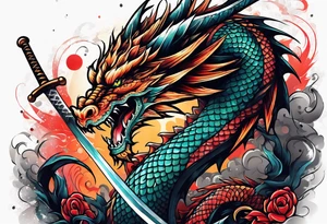 dragon around a katana sword tattoo idea