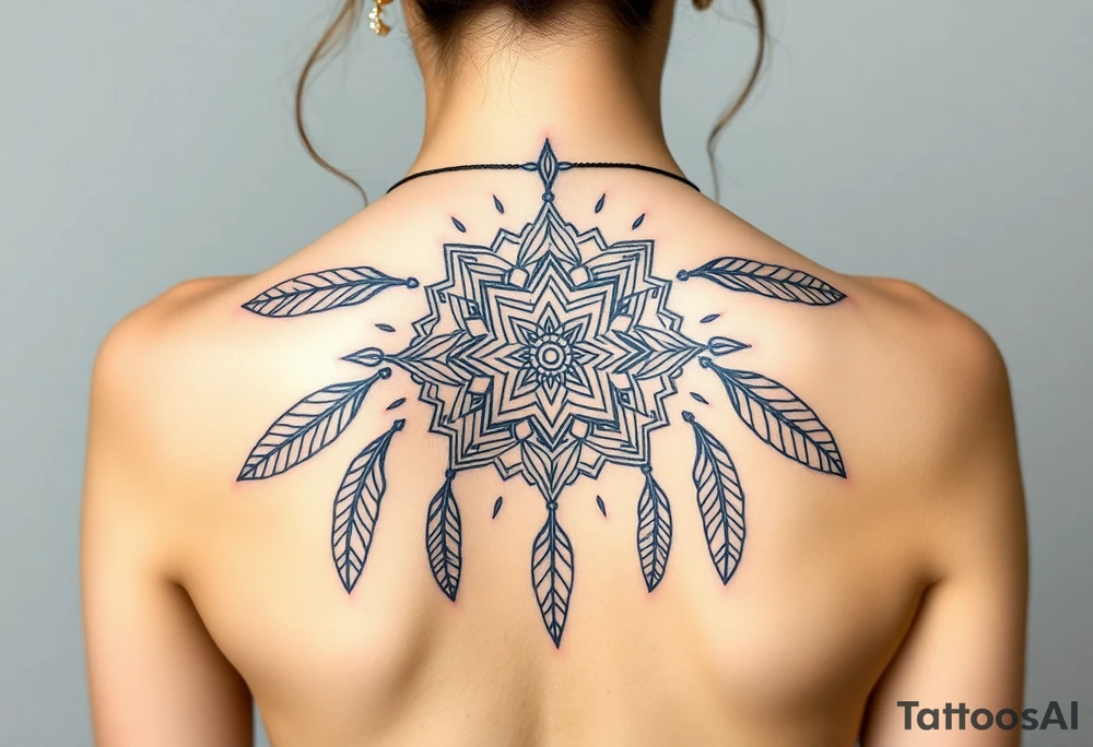 shaman symbols and mandalas and feathers wicca witch spiritual and sami culture big whole back tattoo idea