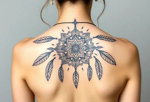 shaman symbols and mandalas and feathers wicca witch spiritual and sami culture big whole back tattoo idea
