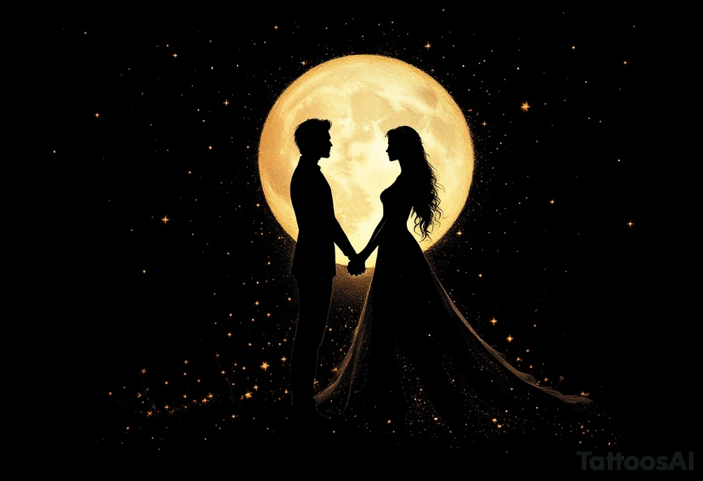 A silhouette of a royal couple holding hands under a black and gold moonlit sky. tattoo idea