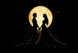 A silhouette of a royal couple holding hands under a black and gold moonlit sky. tattoo idea