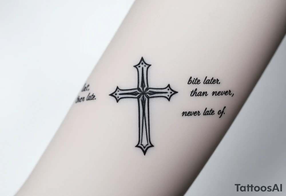 Element	Inhalt & Stil
Zentrales Kreuz	Schlicht, zentral, leicht schattiert
Linke Seite	„Better late than never, but never late is better.“
Rechte Seite	Zitat deiner Wahl (z. B. „Time waits for no one.“)
Hintergrund	Schattierte Wolken, evtl. mit Lichtstrahl
Platzierung	Innerer Unterarm, vertikal verlaufend tattoo idea