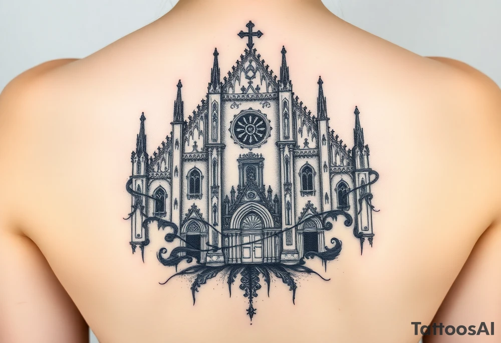 Milan Cathedral damaged and covered in graffiti, large tattoo tattoo idea
