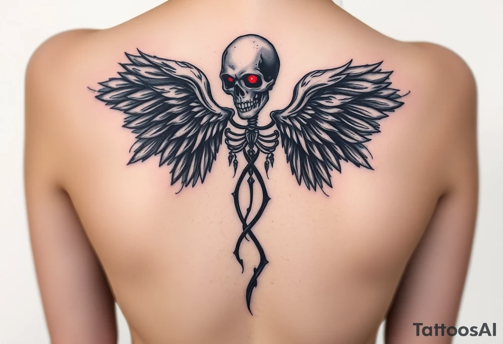 An angel with flowing black wings, standing tall, with a skull face cloaked in shadows, accented with dark red eyes that glow faintly. tattoo idea