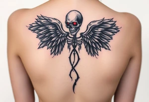 An angel with flowing black wings, standing tall, with a skull face cloaked in shadows, accented with dark red eyes that glow faintly. tattoo idea