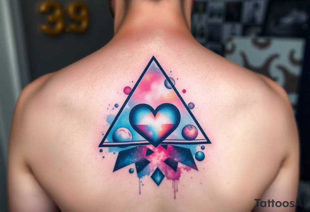 A single triangle with a heart in the center with planets and galaxy in background tattoo idea