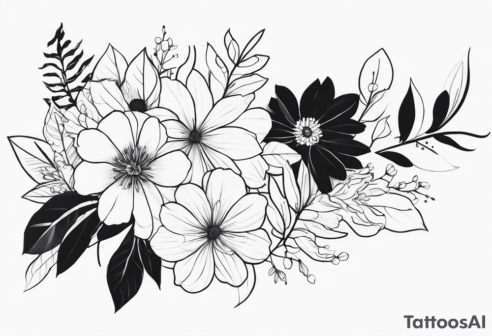 super long line of flowers and leaves for around thigh tattoo idea