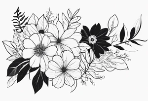 super long line of flowers and leaves for around thigh tattoo idea