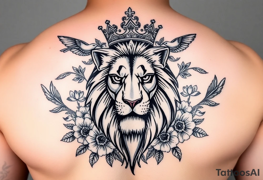 powerful majestic lion with a crown, surrounded by floral ornaments and birds tattoo idea