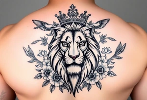 powerful majestic lion with a crown, surrounded by floral ornaments and birds tattoo idea