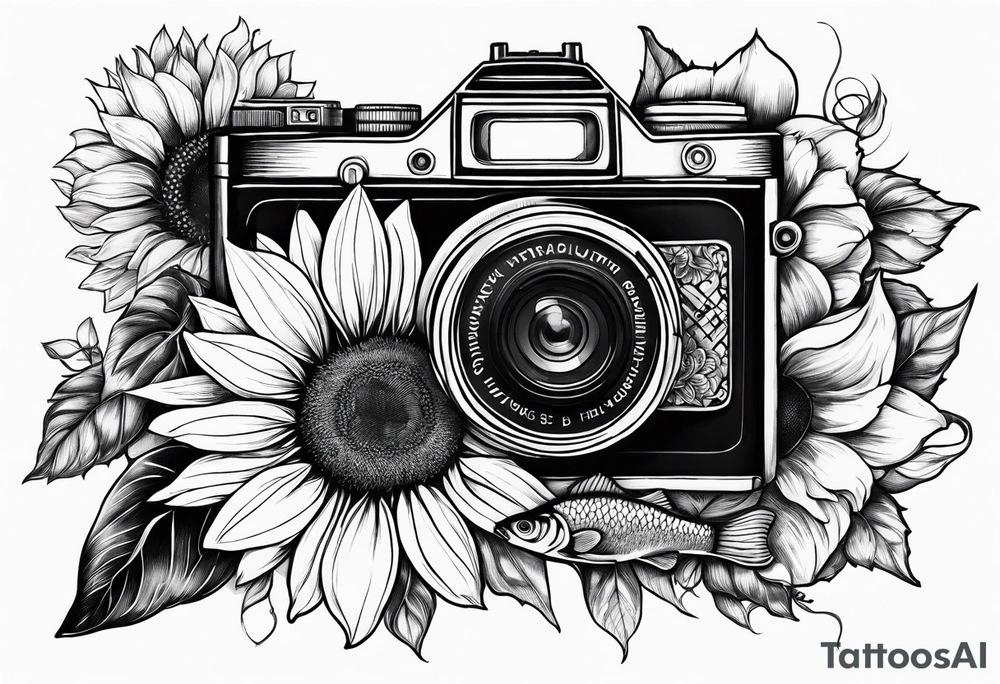 sunflower, camera, fish, flower rose tattoo idea