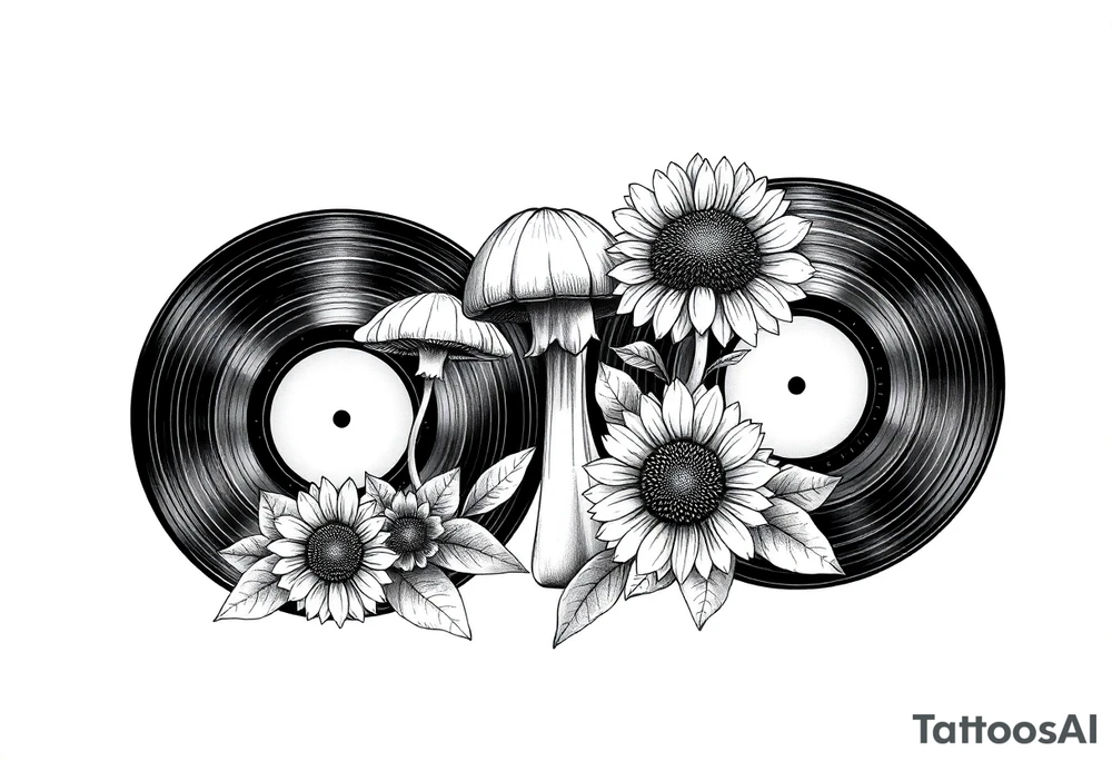 two overlapping vinyl records with mushrooms and sunflowers tattoo idea