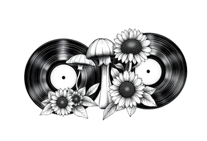 two overlapping vinyl records with mushrooms and sunflowers tattoo idea