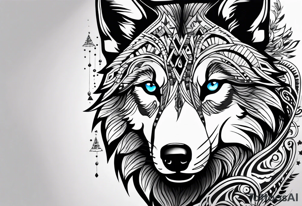 Creative, aesthetic black and white tattoo design for whole wrist which should include camera aspects in style and in an aesthetic manner, half wolf face with blue eyes, rapping elements and adventure elements like mountains,birds,pine trees. tattoo idea