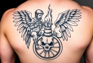 gangster angel sitting on a wheel, holding an AK47, watching a huge flame burning a stacked skull of a rabbit and a chicken. tattoo idea