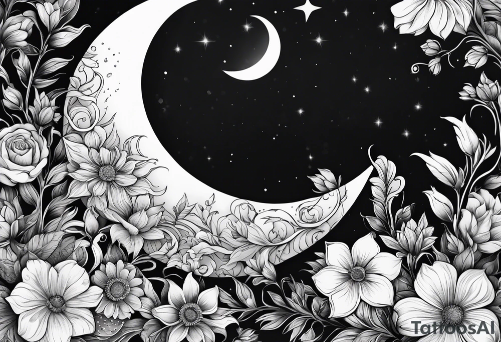 Crescent moon shrouded in pretty flowers tattoo idea