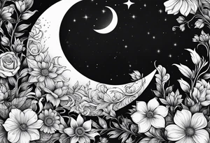 Crescent moon shrouded in pretty flowers tattoo idea