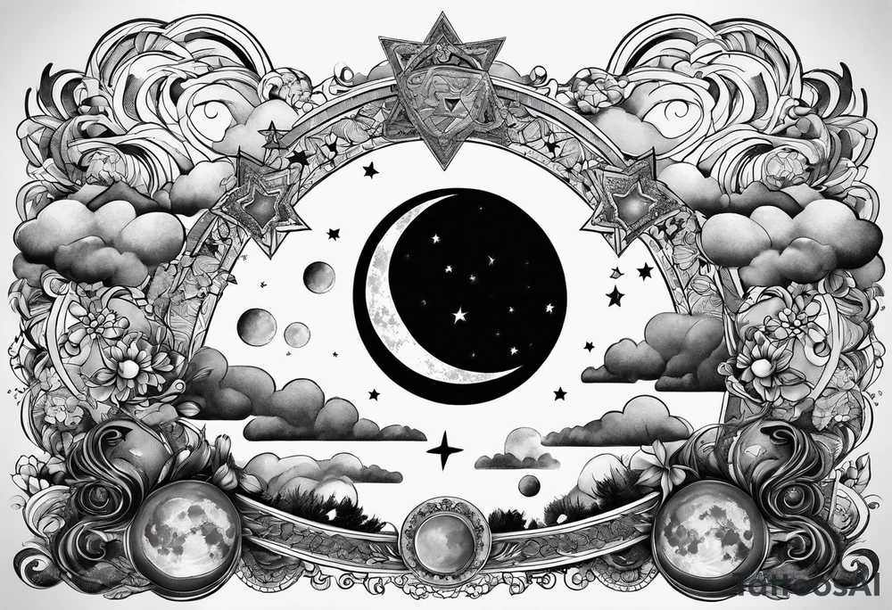 Moon phases stars clouds no background tattoo idea