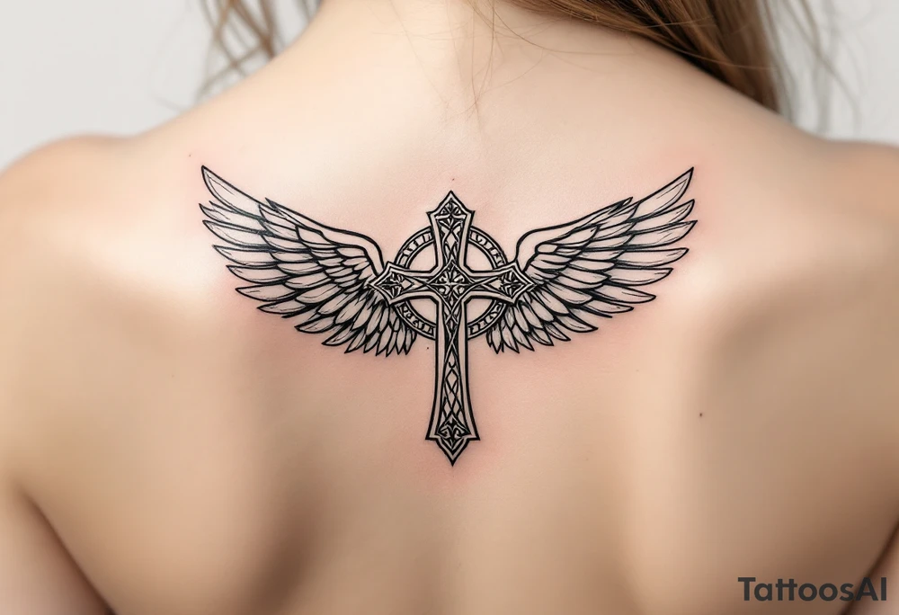 A mimimalist Celtic cross with angel wings unfolding behind it tattoo idea