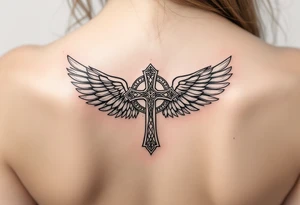 A mimimalist Celtic cross with angel wings unfolding behind it tattoo idea