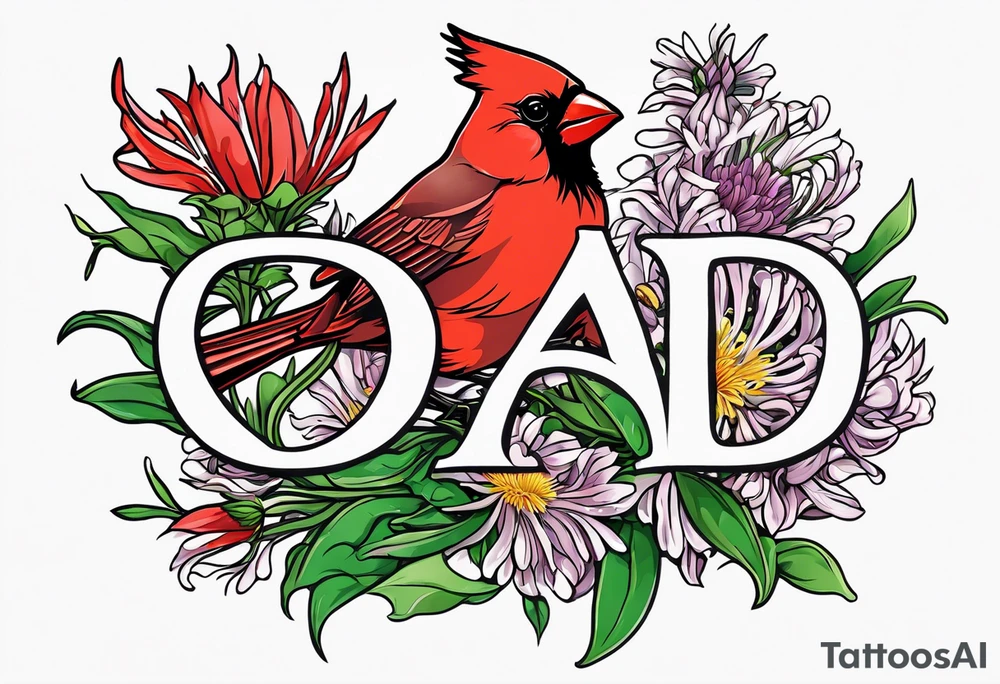 Aster flowers and sea rocket flowers with a cardinal around the words Dad tattoo idea