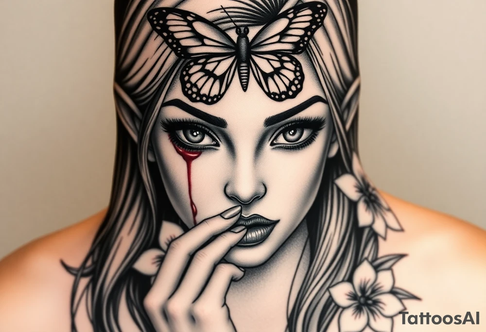 Womens realistic face eyes and nose ears and mouth with long hair but her ears are bleeding her index fi ger is to her lips like telling you to not talk and her above her head right atop of her head where her forehead would be a butter fly is above her and that butterfly is covering both her eyes and  only her eyes and for head you can see her ears bleeding her lips her nose and her putting her fi her to her lips as there is a garden of Beautiful pink plumeria tattoo idea