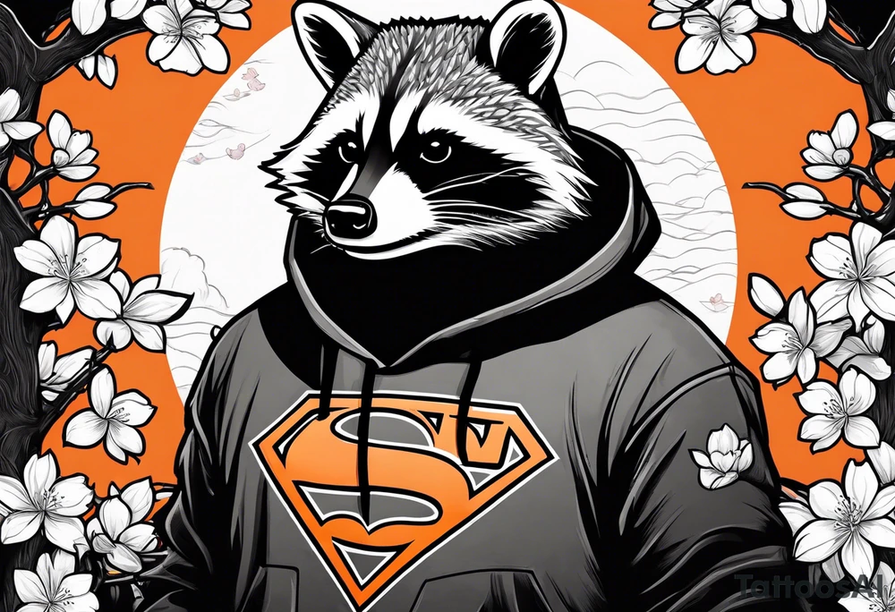 Raccoon wearing a white Superman logo on a black hoodie and orange Japanese cherry blossoms beside tattoo idea