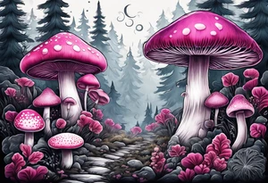 pink and white mushroom forest, smoke coming from caterpillars mouth tattoo idea