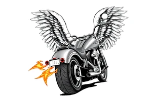 Low rider grey motorcycle, big muffler pipes with flames, angel wings, driving away, no person tattoo idea