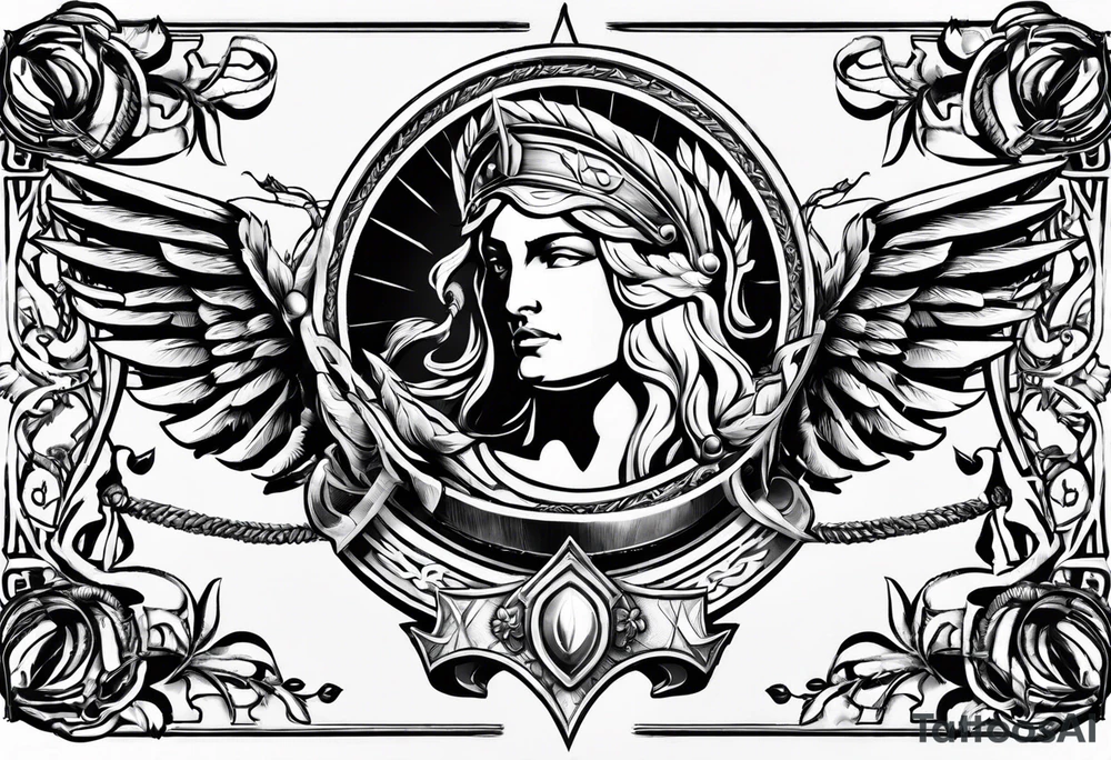 Ares spear and athena shield with a laurel wreath around tattoo idea