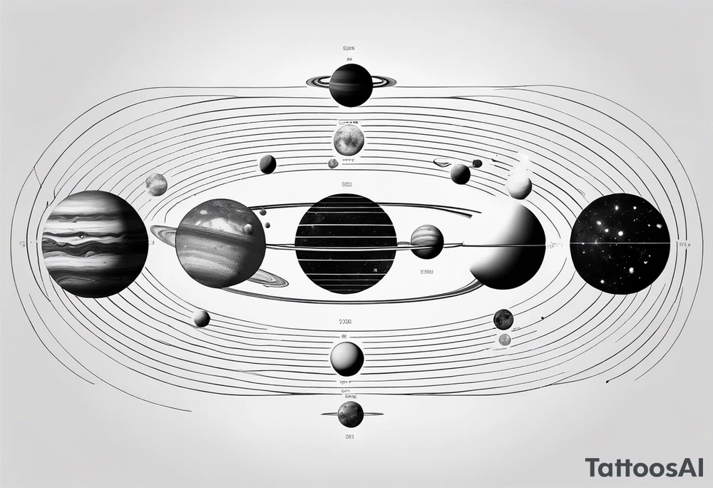 an accurate depiction of our solar system with each planet named in a sleeve tattoo format, minimalistic with thin lines and a lot of empty unfilled space tattoo idea