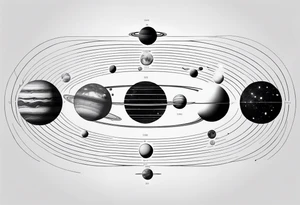 an accurate depiction of our solar system with each planet named in a sleeve tattoo format, minimalistic with thin lines and a lot of empty unfilled space tattoo idea