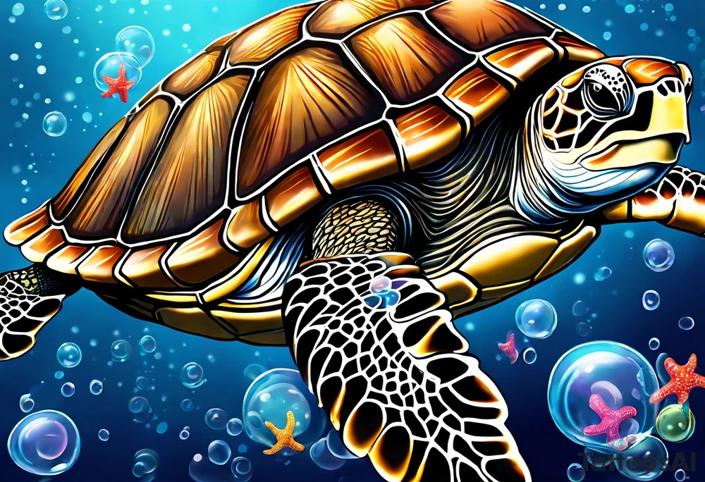 large sea turtle with its head on the right side of the image pieces of corral around it and bubbles, exclude a blue background and add a colorful jellyfish with long flowing tentacles next to the sea turtle tattoo idea