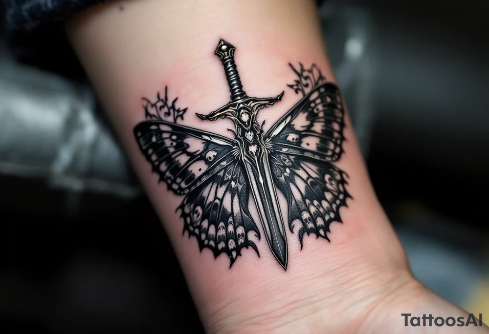 Dagger and Moth – A mystical dagger surrounded by a detailed black and gray moth, its wings featuring soft white highlights and subtle patterns resembling skulls. The dagger is dark silver with antique-style carvings. tattoo idea