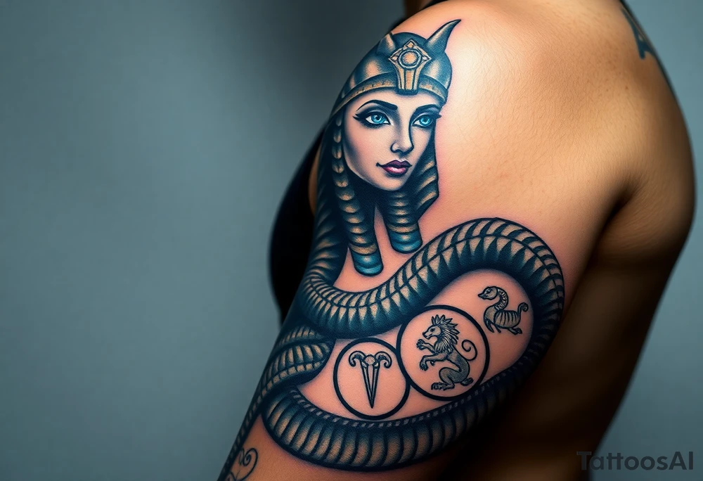 A DSLR photo of a full upper arm tattoo on a man's right arm, from neck to below the elbow. The tattoo shows the Egyptian goddess Renenutet with a serene and powerful female face, shaded with lifelike detail. Her eyes are vivid blue with white highlights. She wears a war crown (Mut or Isis style, with horns and a solar disk), and an ankh on the forehead. Her hair blends into a cobra hood that transitions into the serpent’s body wrapping around the entire arm. The cobra’s scales are deeply shaded black with white edge accents and subtle blue highlights on the back. The body coils protectively around the forearm, encircling three symbols: twin faces (Gemini), a lion’s head in relief (Leo), and a Capricorn with a horned goat and fish tail, each embedded in the snake’s body or stylized medallions. The tattoo glows slightly with white ink accents, giving it a vibrant, almost living presence. Photographed in soft studio lighting to highlight texture and shading, with visible skin grain and depth of ink. tattoo idea
