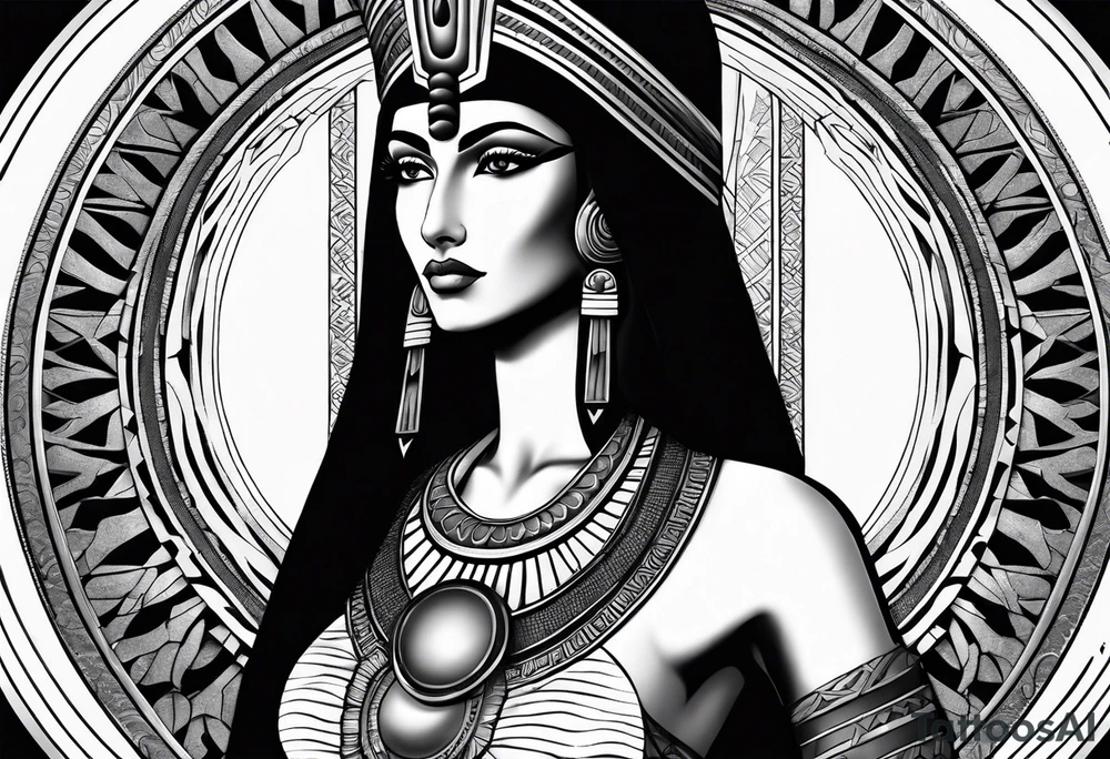 black and gray photo realistic goddess isis with minimal detail tattoo idea