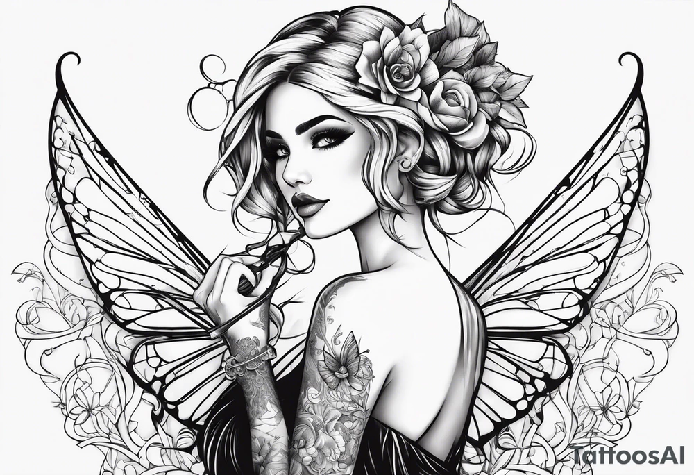 Fairy hairdresser holding scissors tattoo idea