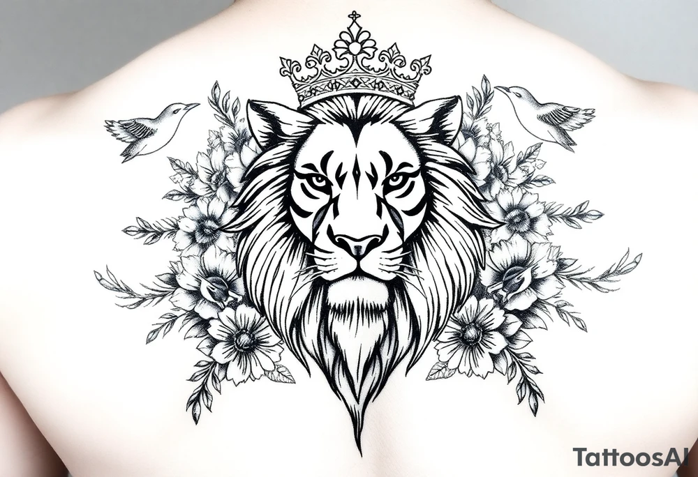 powerful majestic lion with a crown, surrounded by floral ornaments and birds tattoo idea