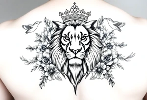 powerful majestic lion with a crown, surrounded by floral ornaments and birds tattoo idea
