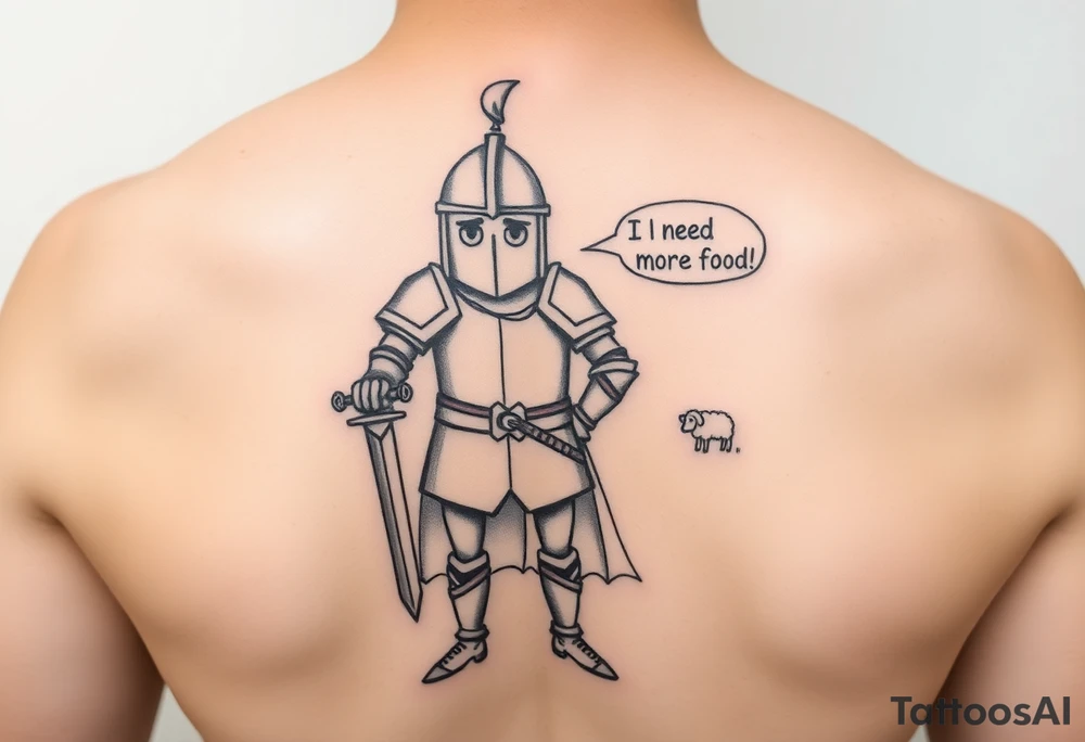 "Blackwork or sketch-style tattoo of a funny medieval knight inspired by Age of Empires IV, standing proudly with a wooden sword and wearing a slightly oversized helmet. The knight looks confused or silly. Add a speech bubble saying 'I need more food!' or 'Age up!' Include small game-inspired icons like a sheep, gold pile, or a Town Center in the background. Humorous tone, drawn in hand-sketched or rough ink style. Designed for shoulder placement." tattoo idea