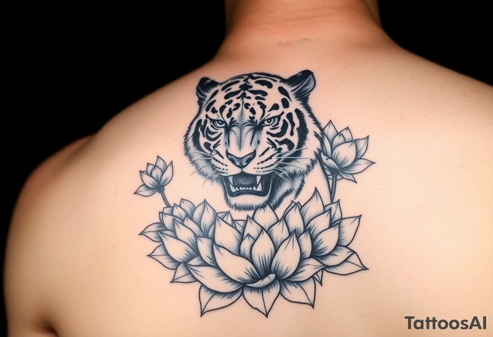 fierce tiger emerging through blooming lotus flowers in mist tattoo idea