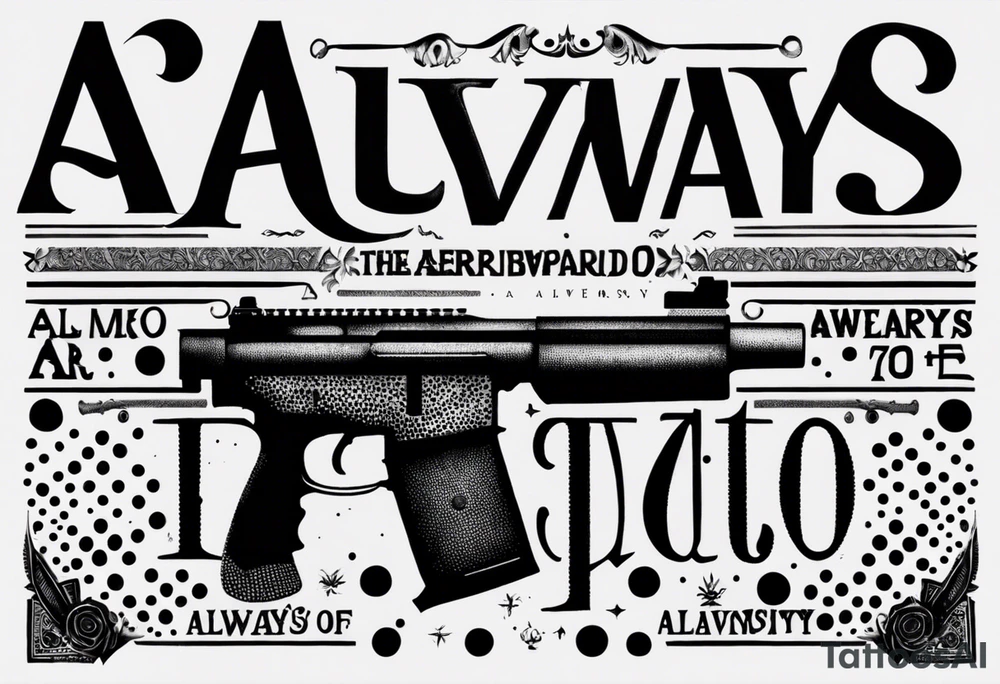 The letters AR with a pistol on each side and the word always on the top and ready on the bottom tattoo idea
