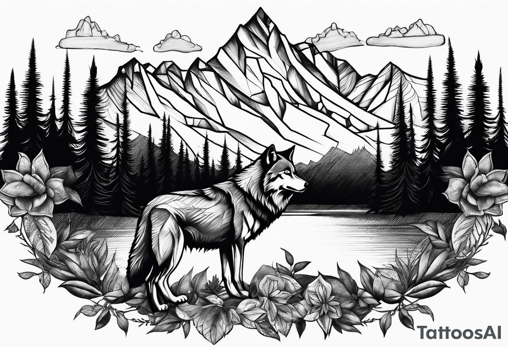 Mountains, wolf in it tattoo idea