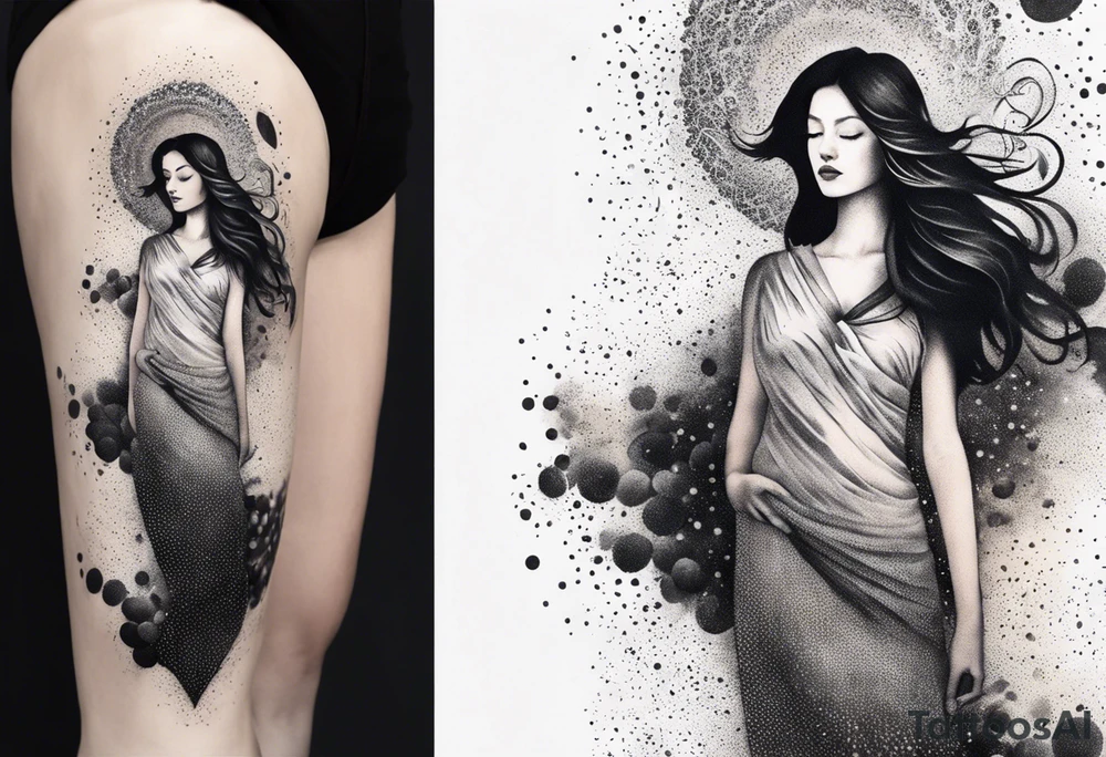 Resurrection Beautiful Woman walking through fire and chaos to inner peace and self-love  ethereal tattoo idea