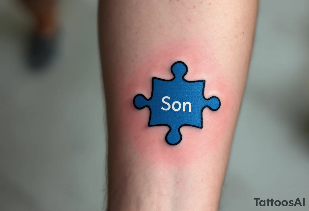A puzzle piece in bright blue labeled “Son,” fitted perfectly into a black outline of a heart. tattoo idea