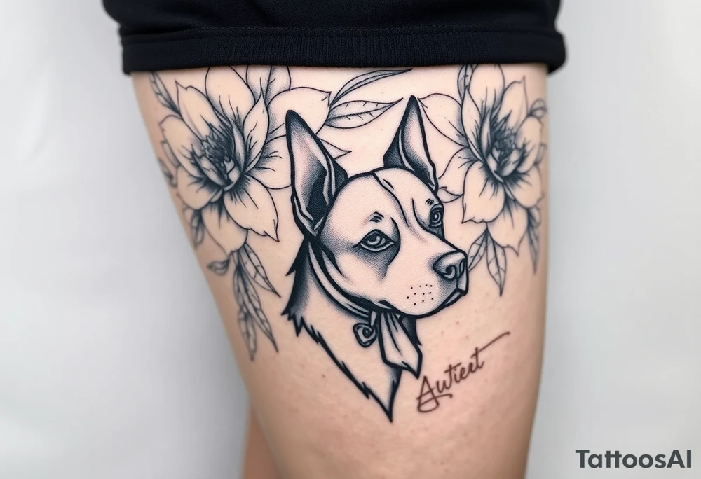 Floral design with peonies with an silhouette outline of a dogs face tattoo idea